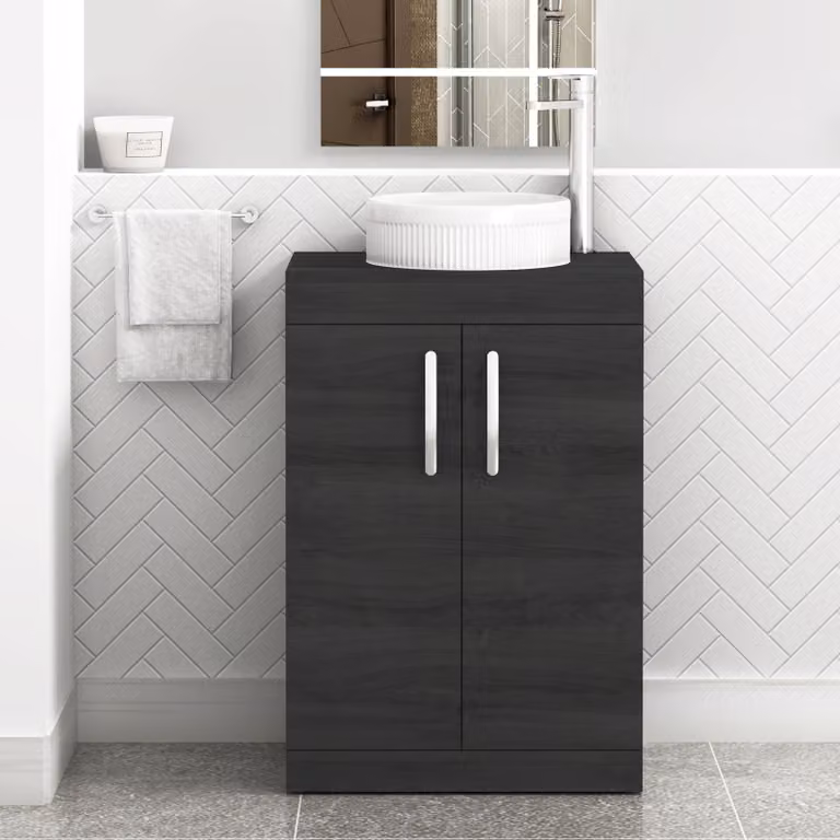 Royal Bathrooms Turin 600mm Floor Standing 2 Door Vanity Unit in Hale Black with Round Countertop Basin