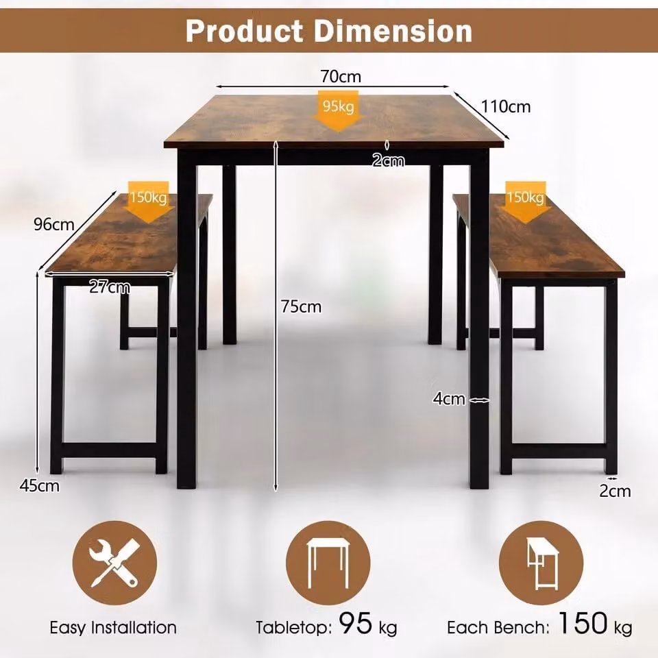 Costway 3-Piece Industrial Dining Table Set with 2 Benches in Brown – 2