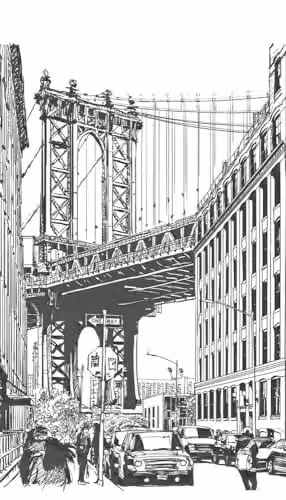 Grandeco Brooklyn Bridge 3 Lane Textured Vinyl Mural in Black and White, W: 280 cm, H: 159 cm