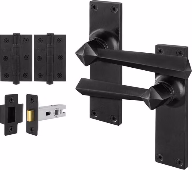 AFIT Black Antique Cast Iron Door Handle and Hinge Set with 76mm Latch, Matt Black Finish, Hinges W/D/H: 15 x 15 x 1.5 cm