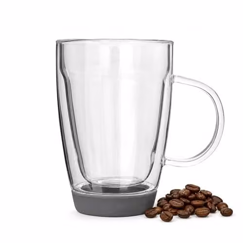 Orsina Double Walled Glass Mug, 350ml, Transparent and Grey with Silicone Base