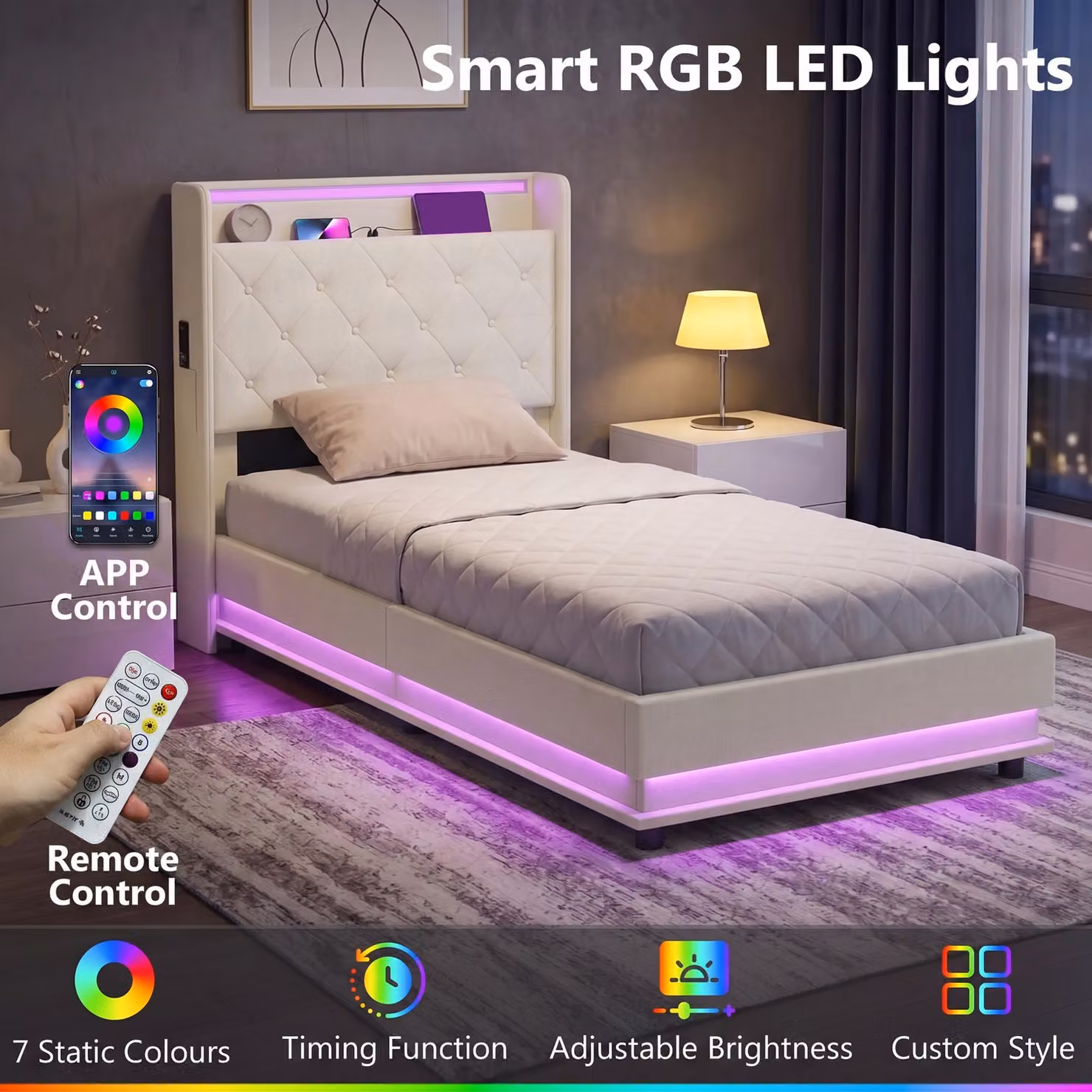 HOMCOM Single Bed Frame with Headboard, Hydraulic Storage, LED Lights and USB Charging Station, White, 90 x 190 cm – 4