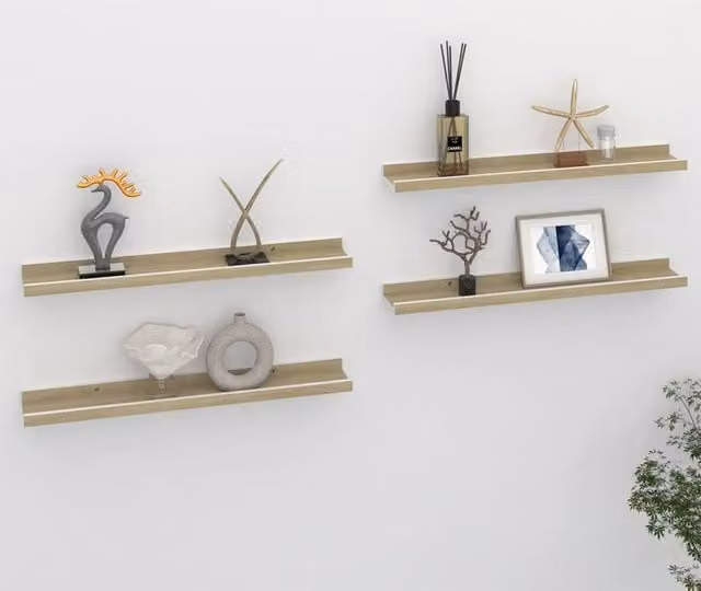 Berkfield Home Wall Mounted Shelves, 4 Piece Set in White and Sonoma Oak, W: 60 cm, D: 9 cm, H: 3 cm