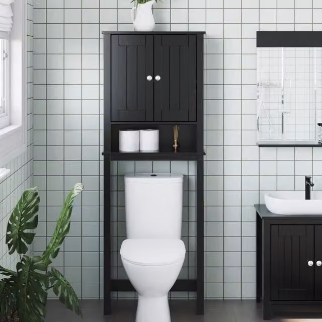 Berkfield Home BERG Over-the-Toilet Bathroom Storage Unit in Black Solid Pine Wood, W/D/H: 60 x 27 x 164.5 cm – 1