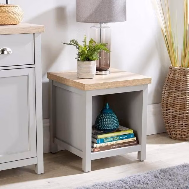 Home Source Avon Grey Lamp Side Table Storage Unit with Oak Effect Top