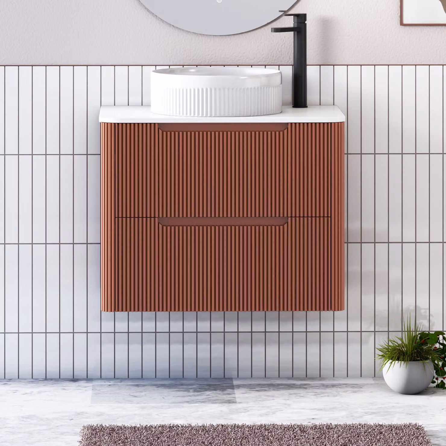 Royal Bathrooms Avenza 700mm Terracotta Clay Wall Hung Vanity Unit with 2 Drawers, Plain White Worktop and Round Basin