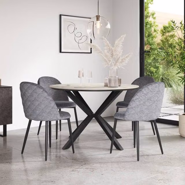 More4Homes Calne Calcutta Gold Ceramic Round Dining Table and 4 Raye Grey Velvet Chairs, Diameter: 120 cm, Height: 75 cm