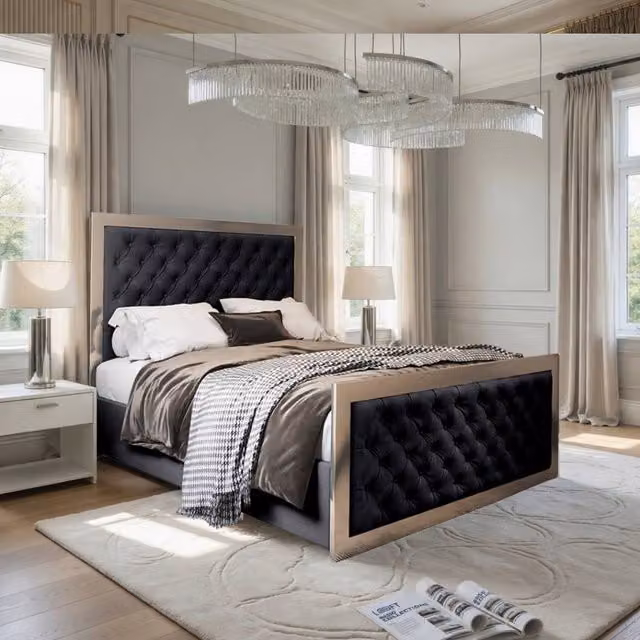 KDMD Meopham Upholstered Velvet Designer Bed Frame with Black Metal Details, W/D/H: 180 x 200 cm