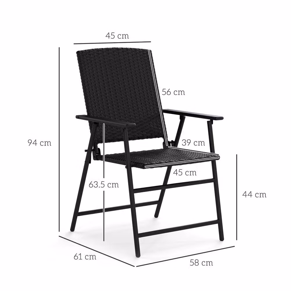 ERGOVEXA Set of Two Black Folding Polyrattan Garden Chairs with Armrests and Textilene Seats – 2