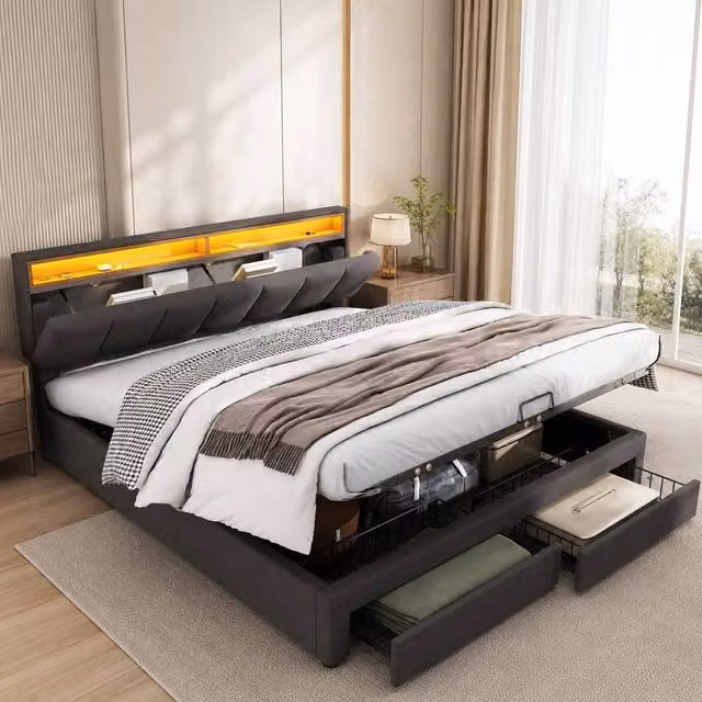 Merax Grey Super King LED Ottoman Storage Bed with Upholstered Fabric Frame and Under-bed Lighting W/D/H: 180 x 200 x 90 cm – 1