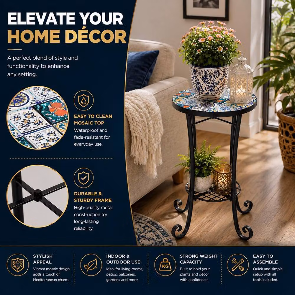 Shatchi Multicolour Mosaic Plant Stand Side Table with Ceramic Tile Top, W/D/H: 35 x 35 x 35 cm – 6
