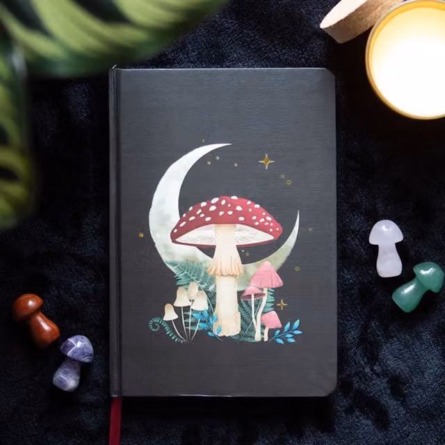 KDMK Mystical Forest Mushroom A5 Hardcover Notebook with Bookmark, Black and Gold, Lined Paper
