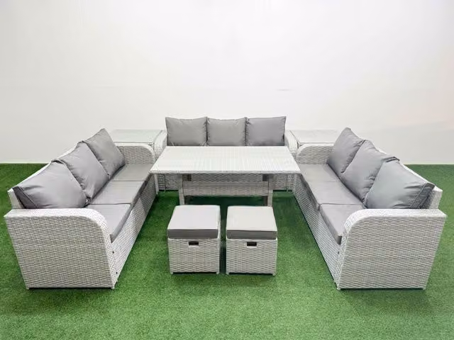 Fimous 11 Seater PE Rattan Outdoor Garden Furniture Set with Rectangular Dining Table, 3 Seater Sofa, 2 Stools and 2 Side Tables in Light Grey