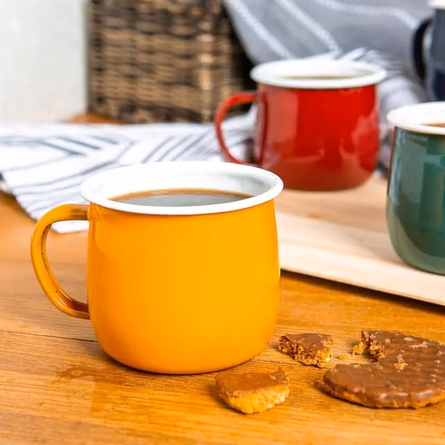 Argon Tableware Coloured Enamel Belly Mugs, 375ml, Set of 6, Yellow and Grey