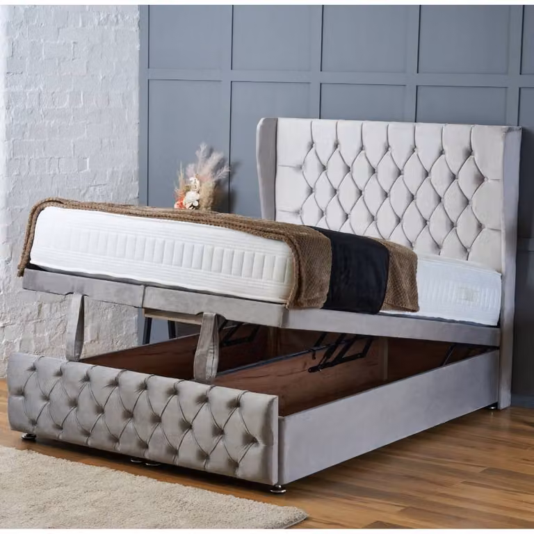 BSSPOKE Bella Small Double Ottoman Divan Bed with Mattress in Pink Plush Velvet