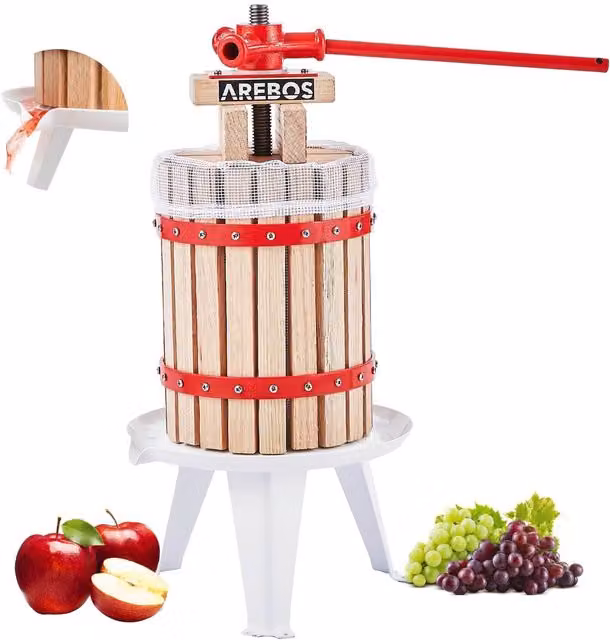 AREBOS Manual Fruit Press Juicer with Press Cloth, Pressure Plate and Metal Spindle, Beige and Red, 6l