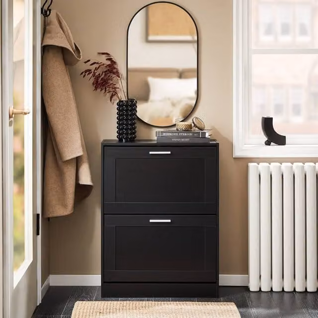 SoBuy Modern Slim Shoe Cabinet in Black with Tilting Compartments and Internal Shelves, H 80.0 x W 60.0 x D 25.0 cm – 1