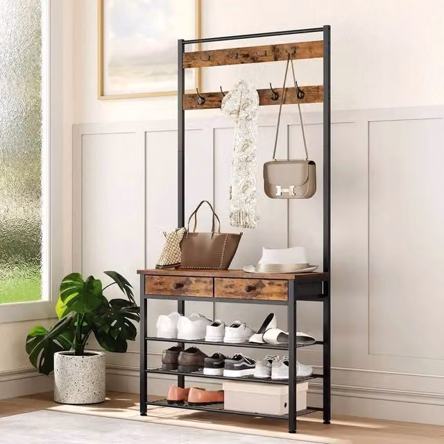 EONLION Industrial Hall Tree with Bench and Coat and Shoe Rack in Brown and Black, W/D/H: 50 x 32 x 190 cm – 1