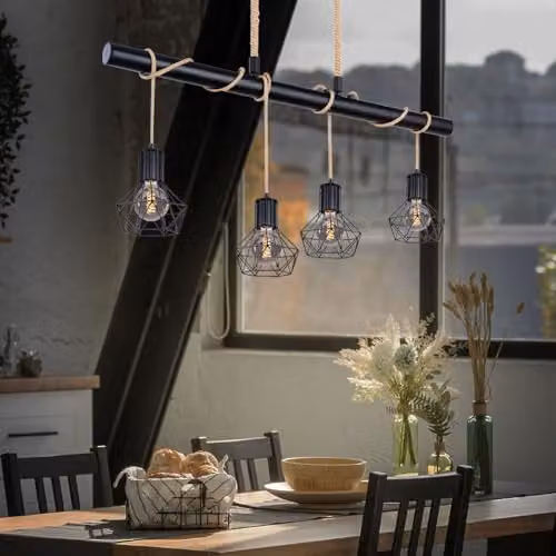 Netlighting Priska Bar Pendant Ceiling Light in Black with 4x E27 Sockets – 5