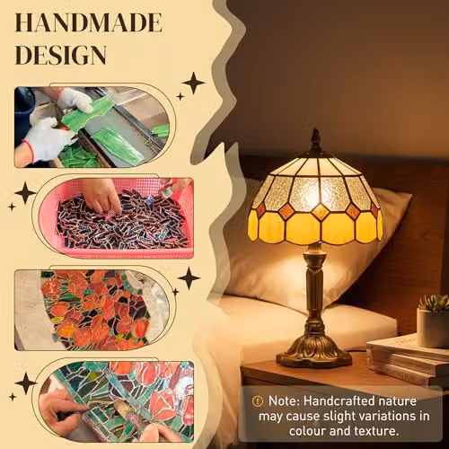 HOMCOM Art Deco Stained Glass Table Lamp in Multicolour and Bronze, H 48 x W 30 x D 30 cm – 3