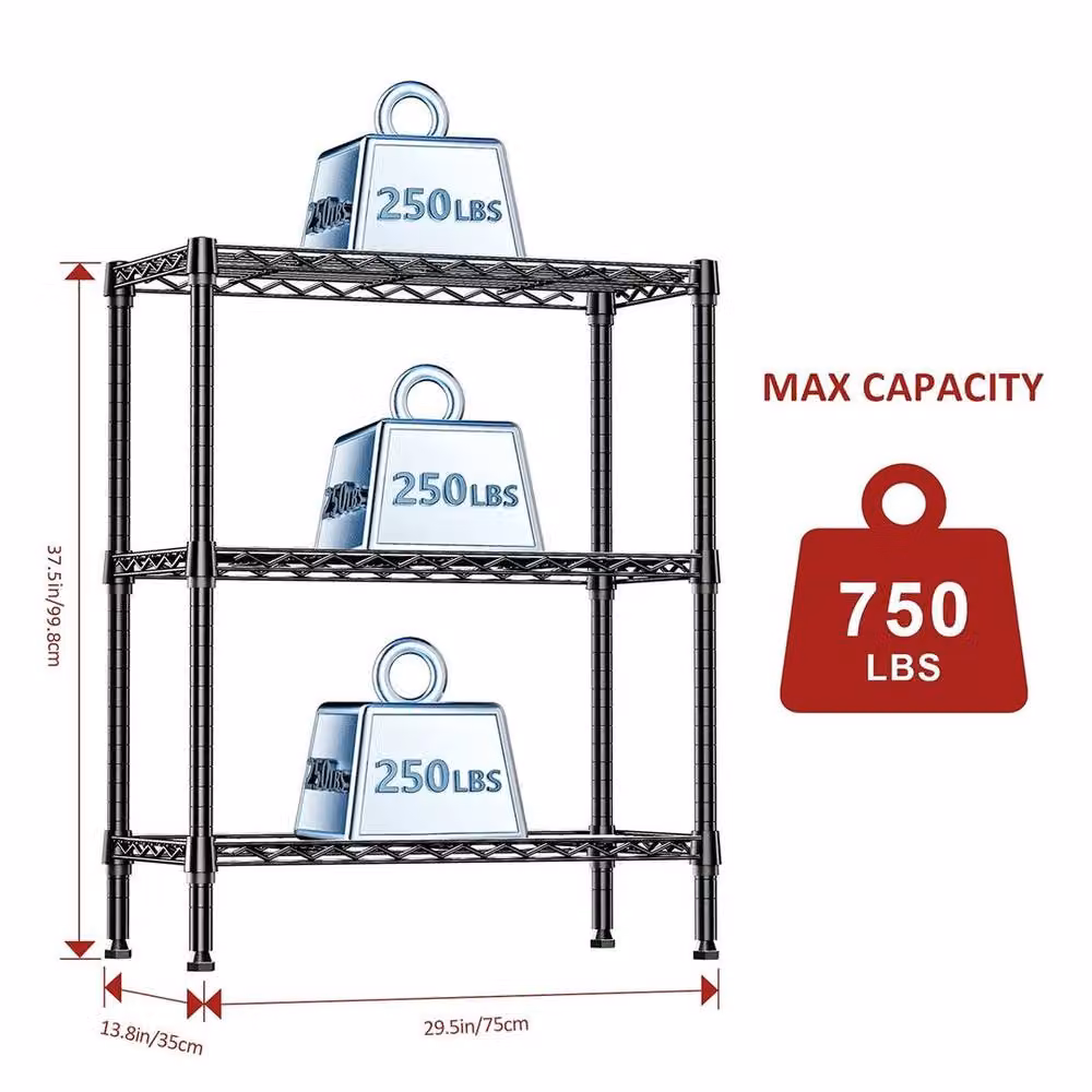 KORVIXA 3 Tier Metal Wire Storage Rack in Black, W/D/H: 100 x 100 x 100 cm – 2