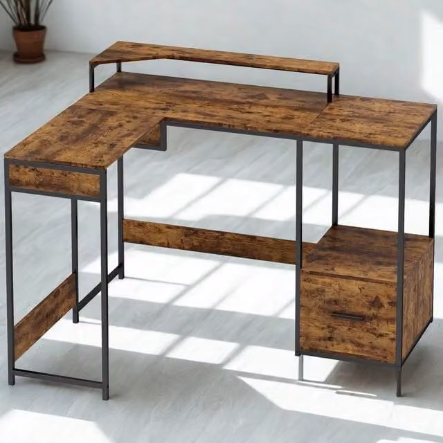 FURNOS Industrial L Shaped Corner Computer Desk with Storage in Brown and Black, W/D/H: 137.5 x 110 x 76.5 cm – 1
