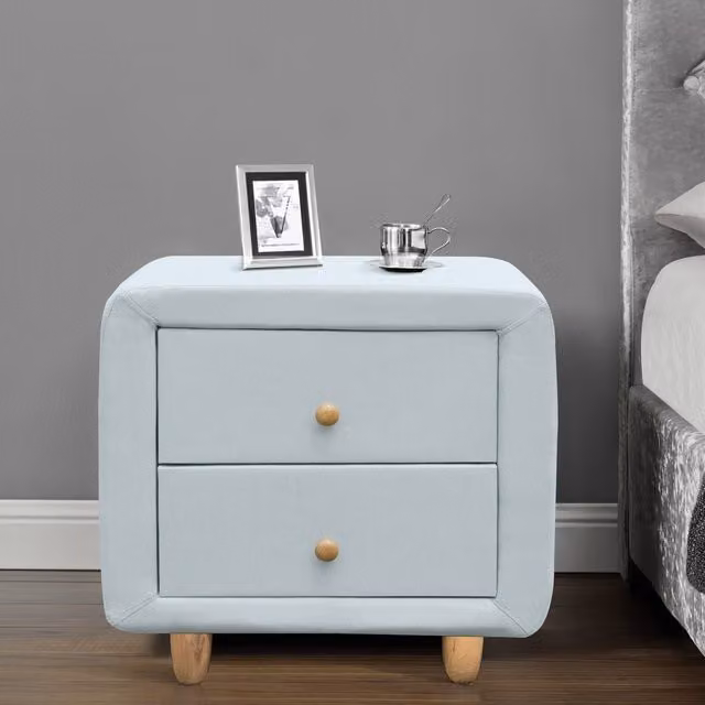 Comfy Living Modern Blue Upholstered 2 Drawer Bedside Table with Oak Wood Accents