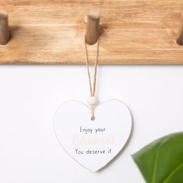 Kingsbury Gifts Small White Hanging Heart Wall Plaque with Enjoy Your Retirement Sentiment