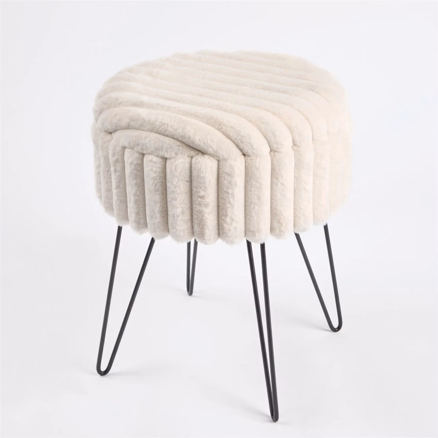 OHS Ribbed Faux Fur Vanity Stool and Storage Ottoman with Metal Hairpin Legs in Cream – 3