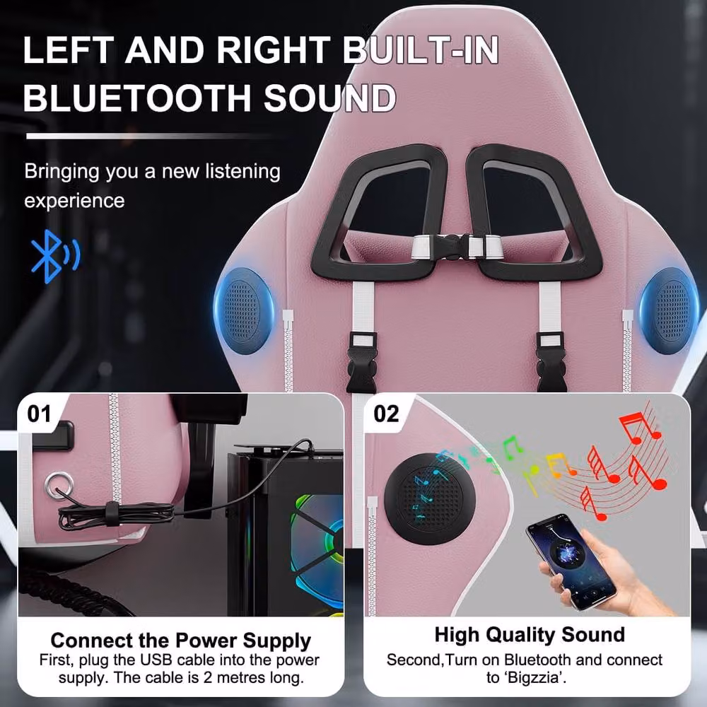 Gartistgo Bluetooth Gaming Chair in Pink with Lumbar Support and Headrest – 4