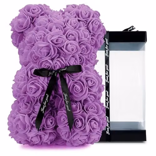 Tanness Purple Artificial Rose Bear with Transparent Gift Box and Black Ribbon, 25 cm