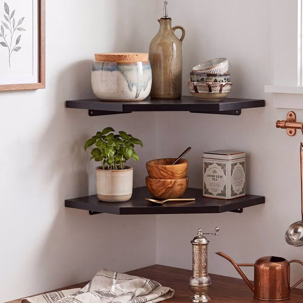 Levede 2 Pack Black Matt Wooden Floating Corner Shelves with Cable Cut Out – 2