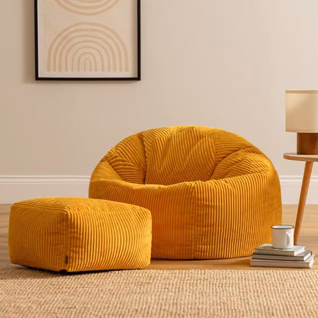 ICON Kingston Jumbo Cord Bean Bag and Footstool Bundle in Yellow – 1