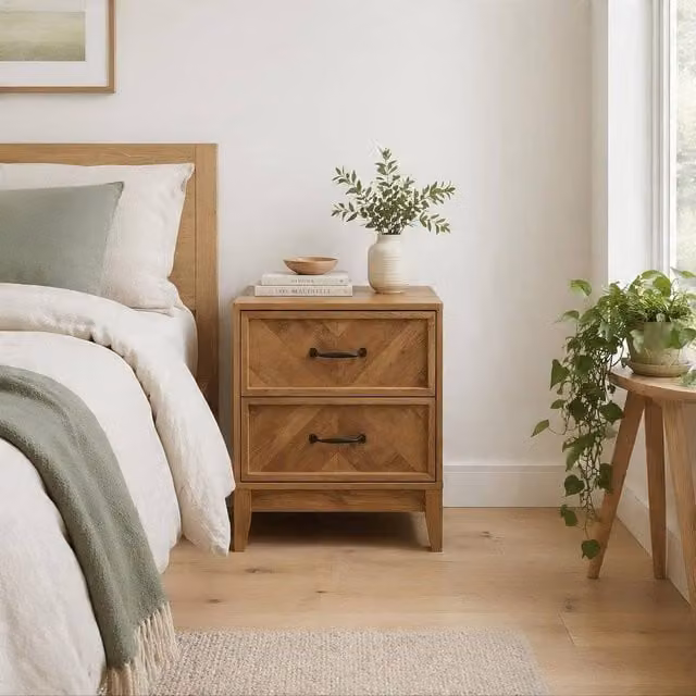 Home Source Harrington 2 Drawer Bedside Cabinet Nightstand in Brown with Soft Close Drawers