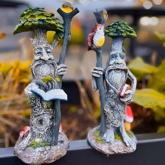 Garden Mile 2-Piece Tree Fairy Garden Ornaments in Grey, Yellow and Multicolour Resin