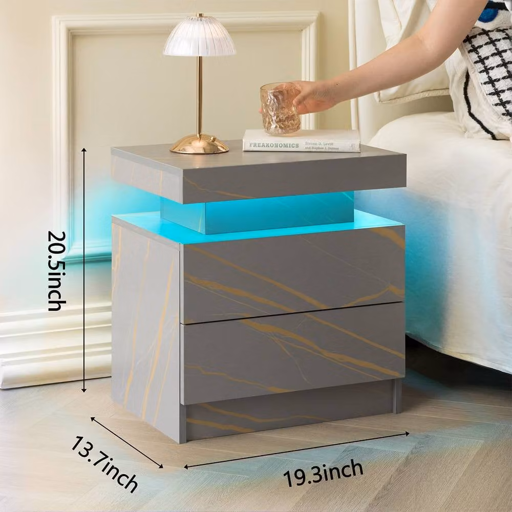 Direct Wicker Modern Grey Rattan Bedside Cabinet with Integrated LED Lighting and Stone Pattern Decoration – 2