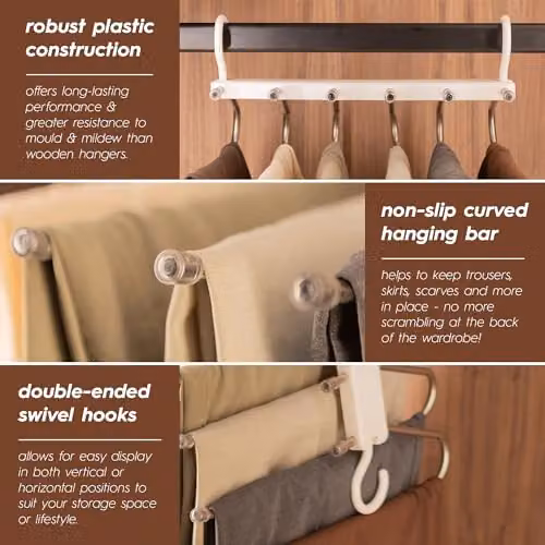 Harbour Housewares Space-Saving 6-in-1 Trouser Hangers with Swivel Hooks, White, Pack of 10 – 2
