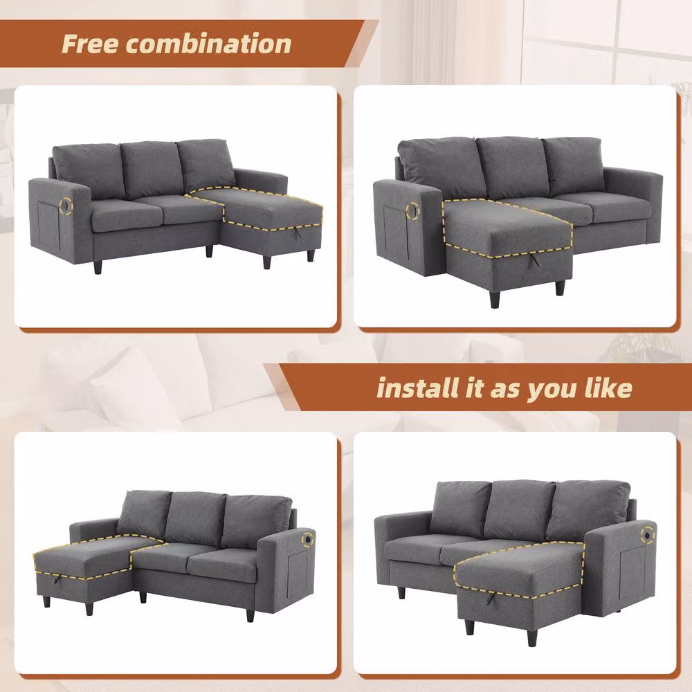 Tokpiedi 3-Seater L-Shaped Reversible Fabric Sofa in Grey with LED Lighting, USB Charging and Storage – 5