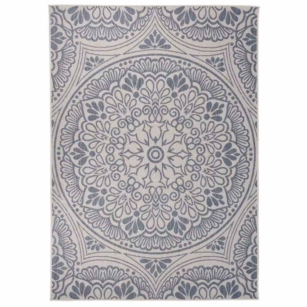 Berkfield Home Blue Patterned Round Outdoor Flatweave Rug, Diameter: 100 cm – 2