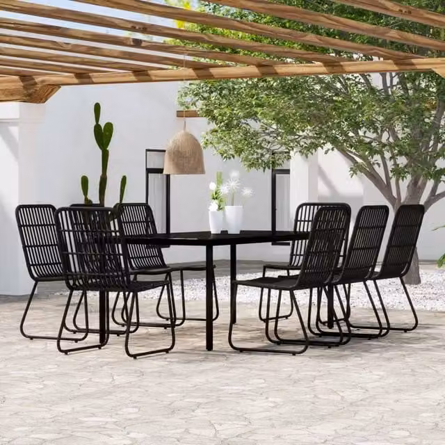Berkfield Home 9 Piece Modern Garden Dining Set in Black Matt Rattan and Glass