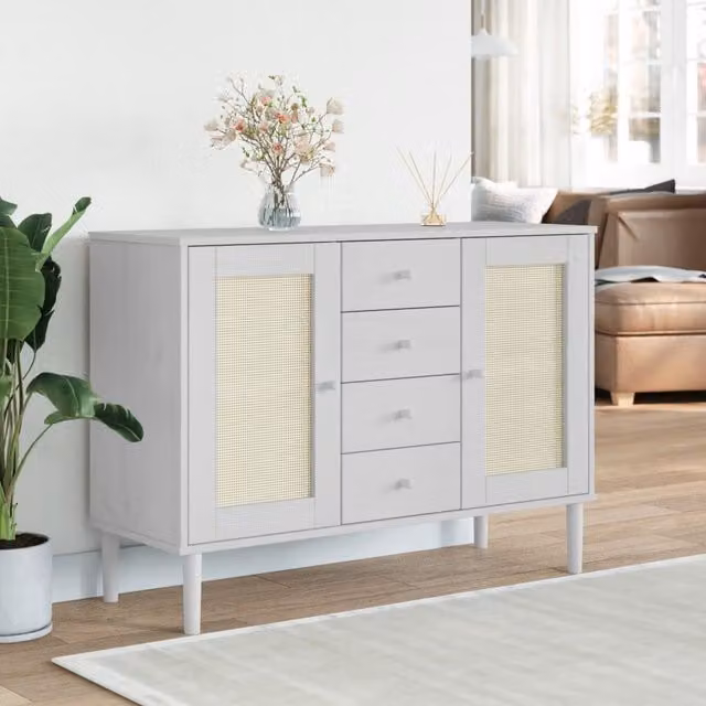 Berkfield Home Senja Sideboard in White Rattan Look Solid Pine Wood, W/D/H: 112 x 40 x 80 cm – 1