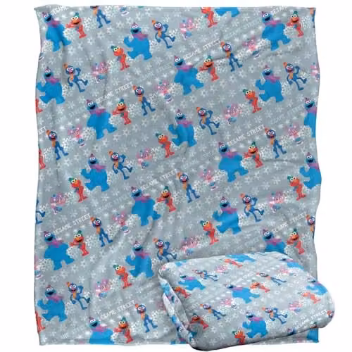 LOGOVISION Sesame Street Holiday Snow Character Pattern Super Soft Fleece Throw Blanket, White and Multicolour, W/D/H: 152 x 127 cm – 1
