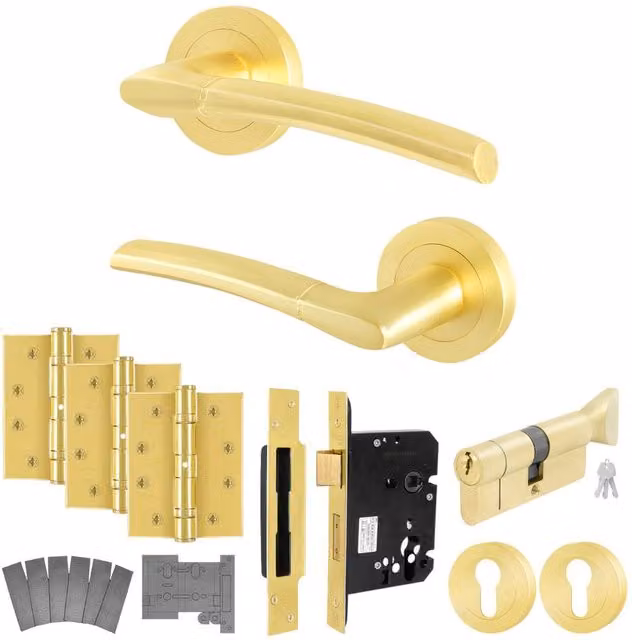 AFIT Boston Satin Brass Fire Door Handle with Euro Lock and Double Cylinder in Gold, 150 x 150 mm – 1