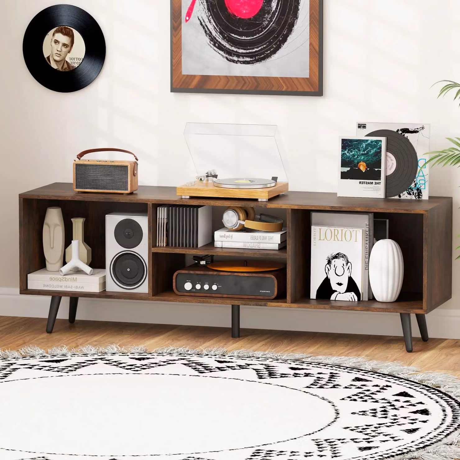 Gymax Mid Century Modern Entertainment Centre TV Stand in Brown, W: 120 cm, D: 30 cm – 5