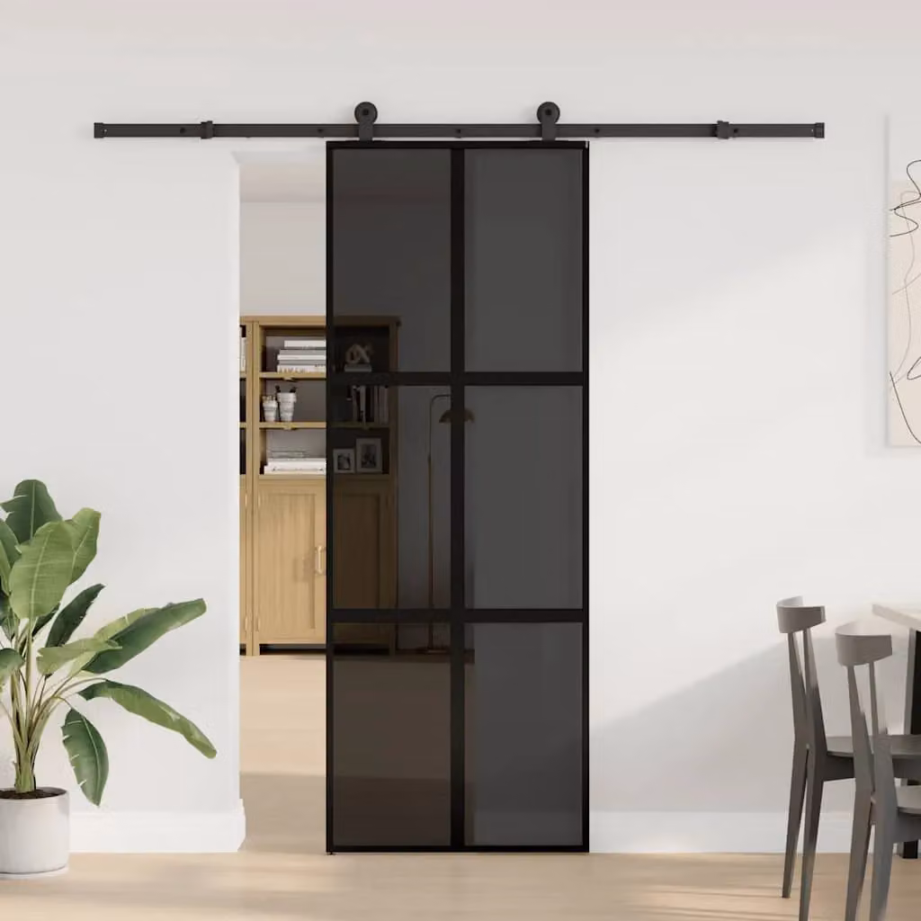 Berkfield Home Modern Sliding Door with Hardware Set, Black Aluminium and Transparent Tempered Glass, W: 76 cm, H: 205 cm – 2
