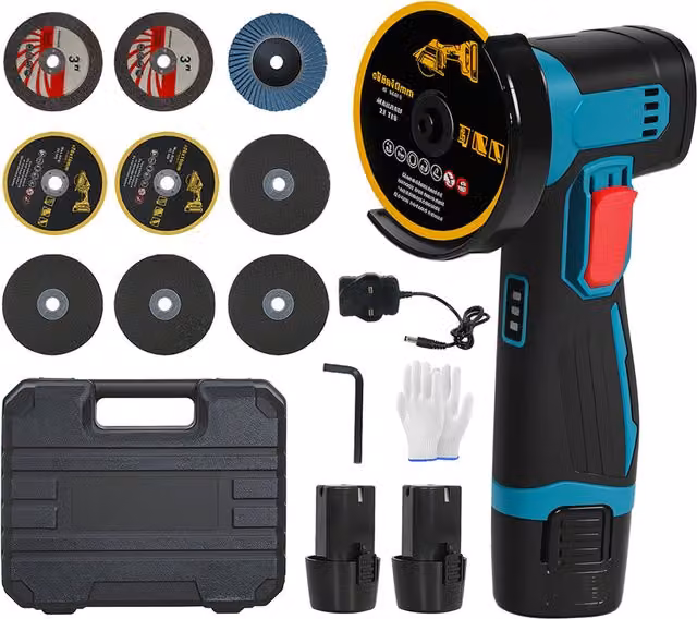 Traderight 12V Mini Cordless Angle Grinder with 2 Rechargeable Batteries for Cutting and Polishing, Blue