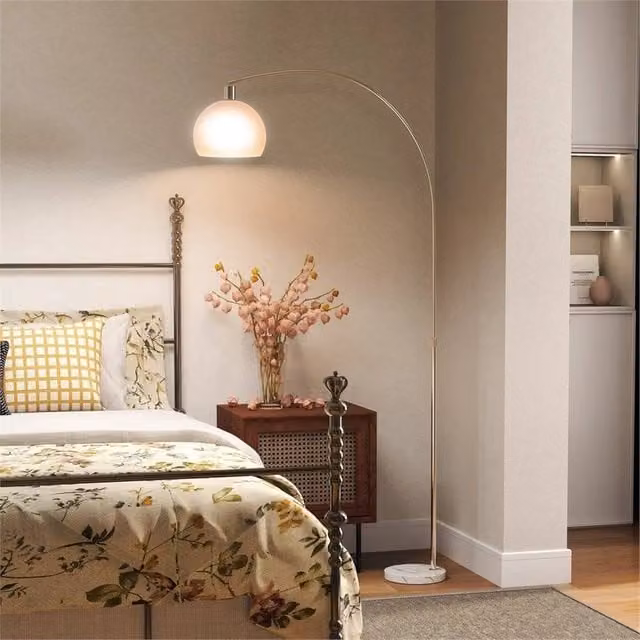 EONLION Modern White LED Floor Lamp with Round Glass Shade and Metal Base