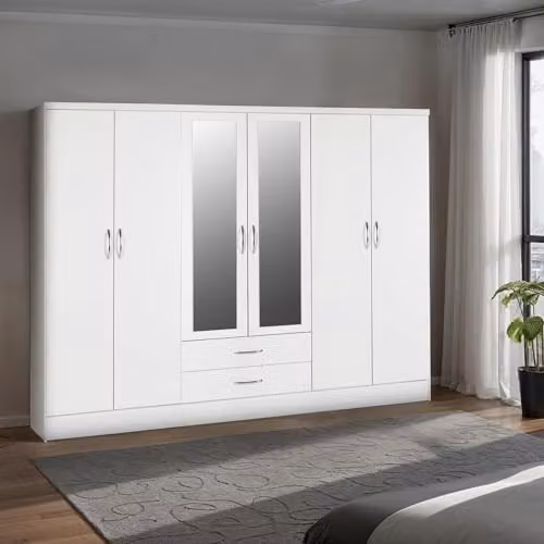 Seconique Nevada 6 Door 2 Drawer Mirrored Wardrobe in White Gloss, H 230 x W 183 x D 52 cm – 2