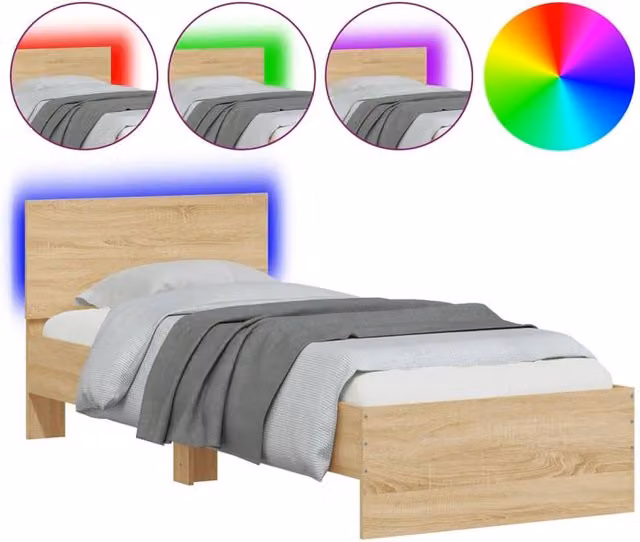 Berkfield Home Sonoma Oak Bed Frame with LED Lights and USB Charging Port, Light Brown, W: 90 cm, D: 200 cm