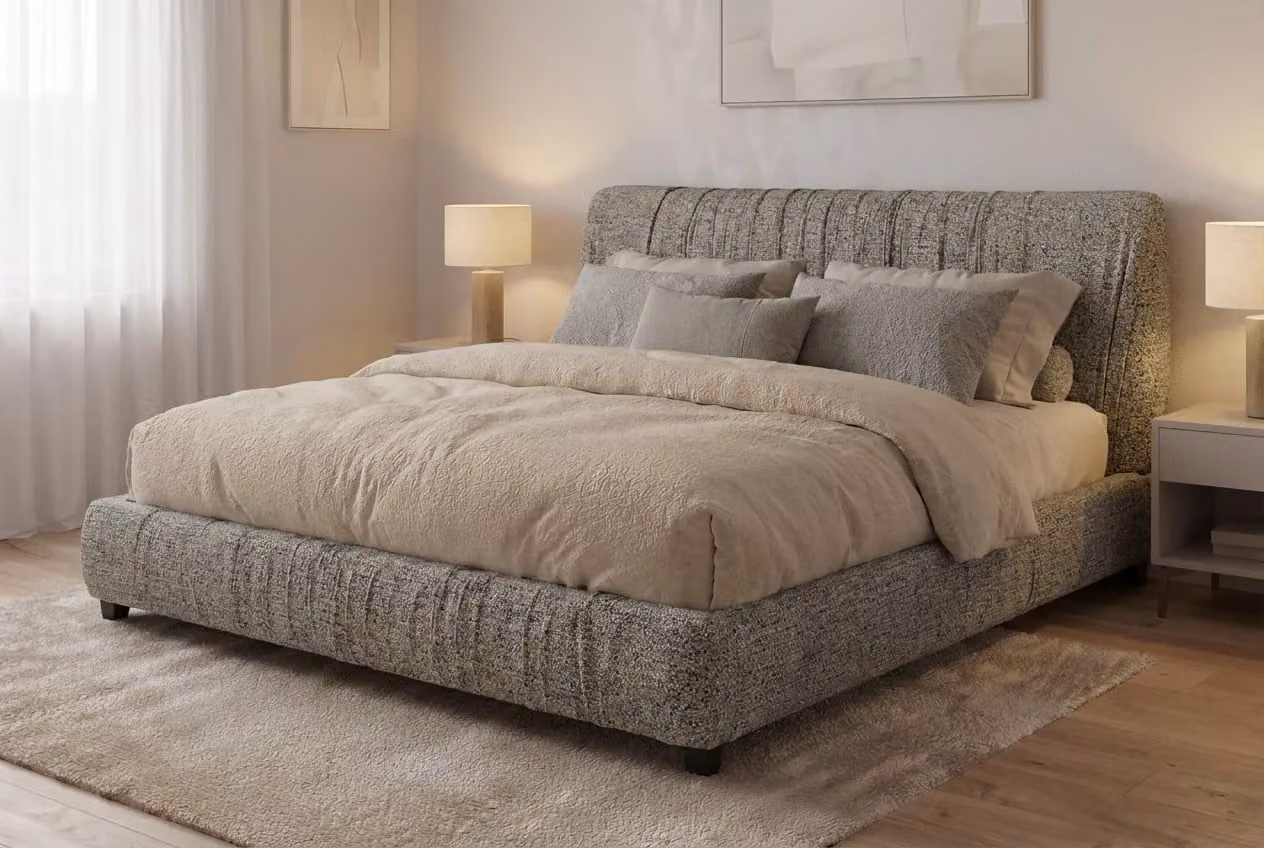 Araco Atelier Axis Speckle Upholstered Modern Bed in Beige and Grey Fabric